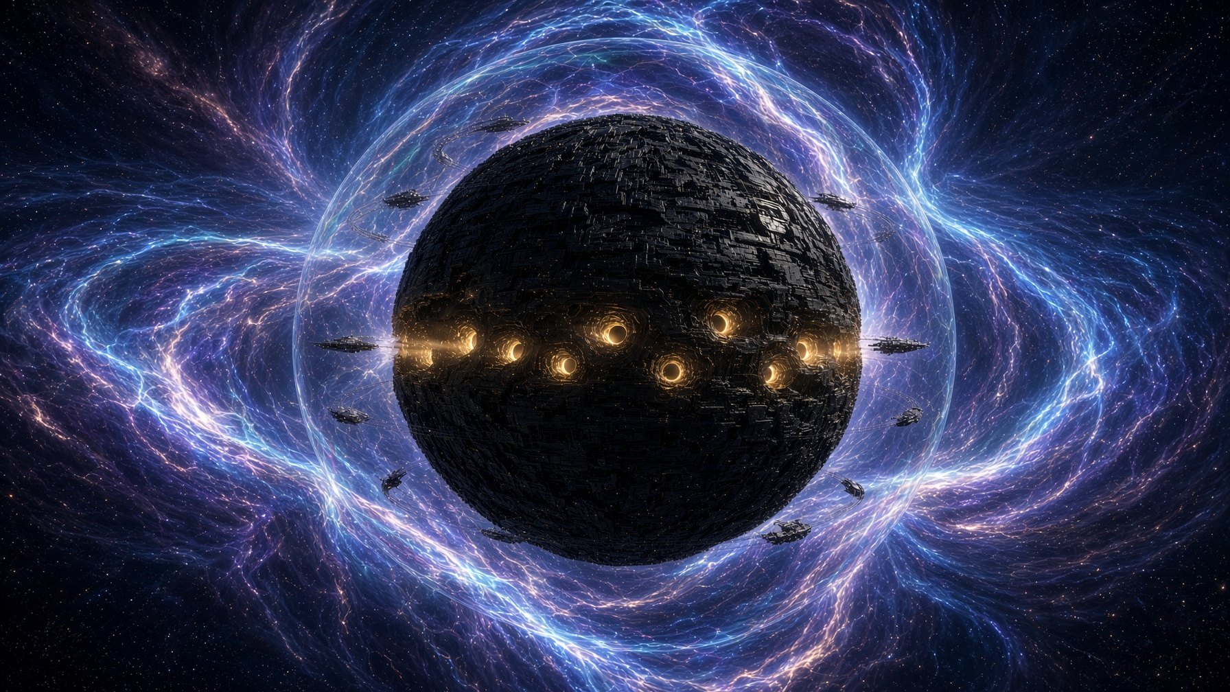 Nexus: a dark world inside a blue shield, ringed by glowing gulfs.
