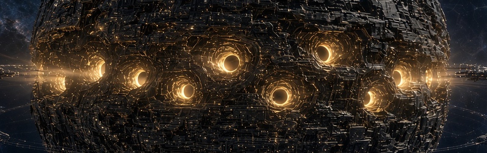 The equatorial gulfs seen close, lit from within, with ships holding in the lanes around them.